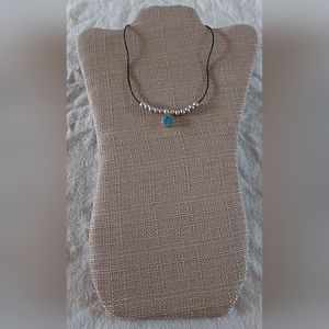 Handmade Silver Pearl, Lt. Blue Quartz & Black Leather Necklace